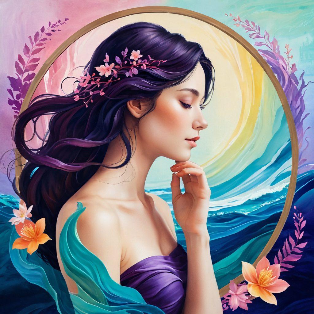 An abstract representation of intimacy and connection, featuring a serene figure gazing into a mirror reflecting vibrant, colorful waves of emotions. Incorporate symbols of wellness like blooming flowers, gentle waves, and soft light, creating an inviting atmosphere that suggests personal growth and exploration. Include subtle hints of technology, like digital pixels or lines, intertwining with natural elements. Use a harmonious color palette with soft pastels and deep jewel tones. super-realistic. vibrant colors. soft focus.