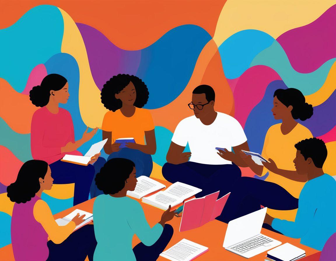 An illustration of diverse adults engaging in a lively discussion about sex education, surrounded by colorful books and digital devices symbolizing blogging. The background features abstract waves representing open-mindedness and empowerment. Bright, inclusive colors highlight the theme of community and learning. The environment is warm and inviting, fostering open dialogue. vibrant colors. 3D.